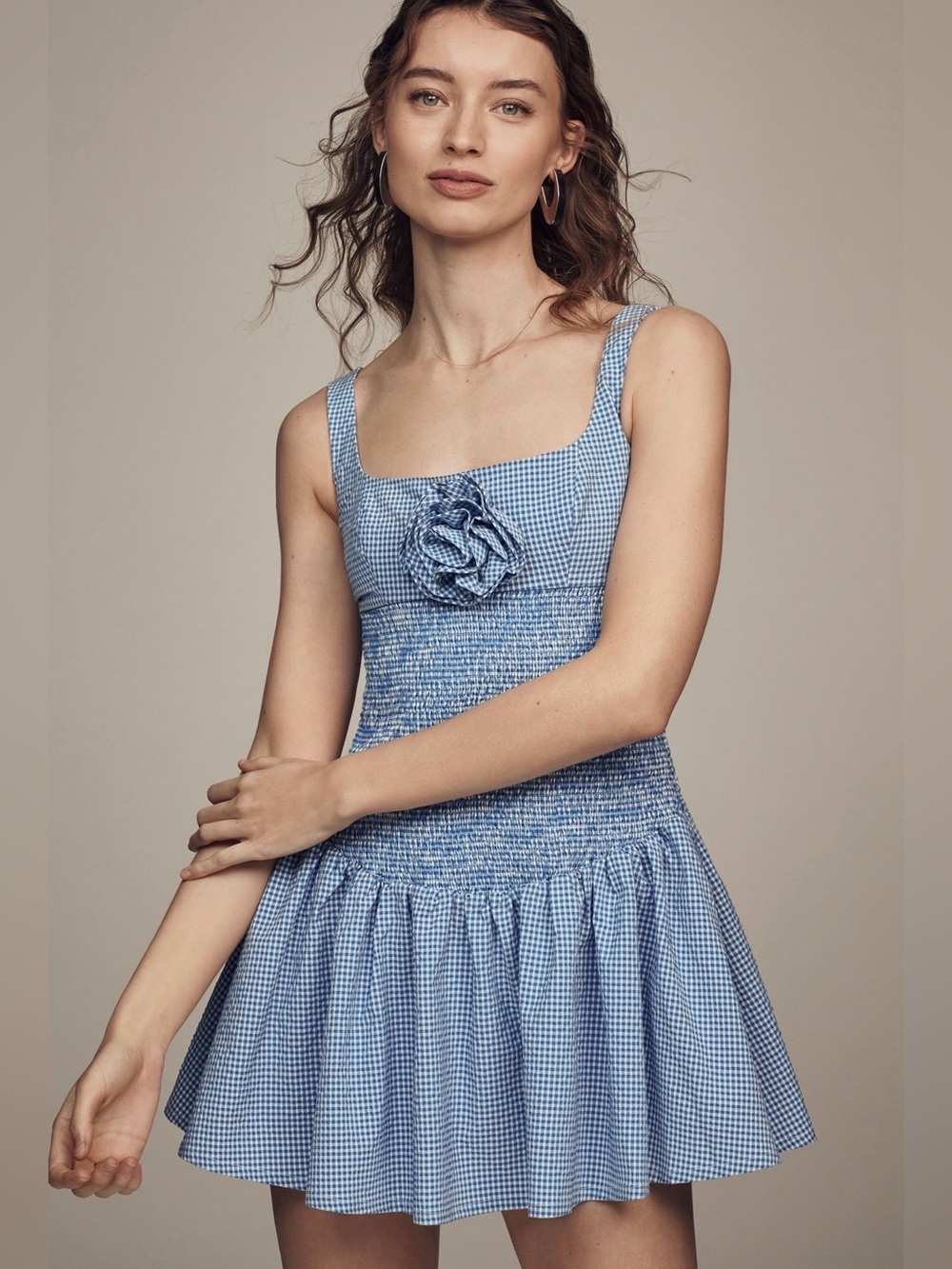 Anthropologie Maeve Smocked Rosette Drop-Waist Mini Dress in blue gingham Size L